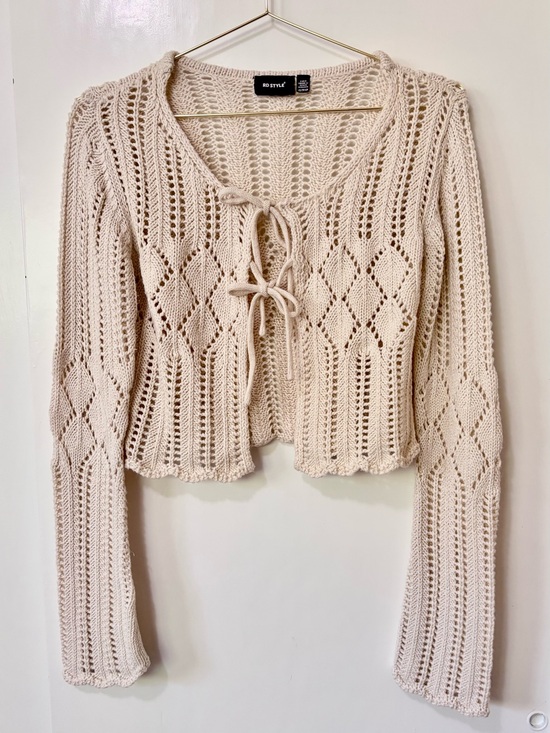 RD Style Sweaters - RD Style| Cream Open-Knit Tie-Front Cropped Cotton Blend Crochet Cardigan Sz XS